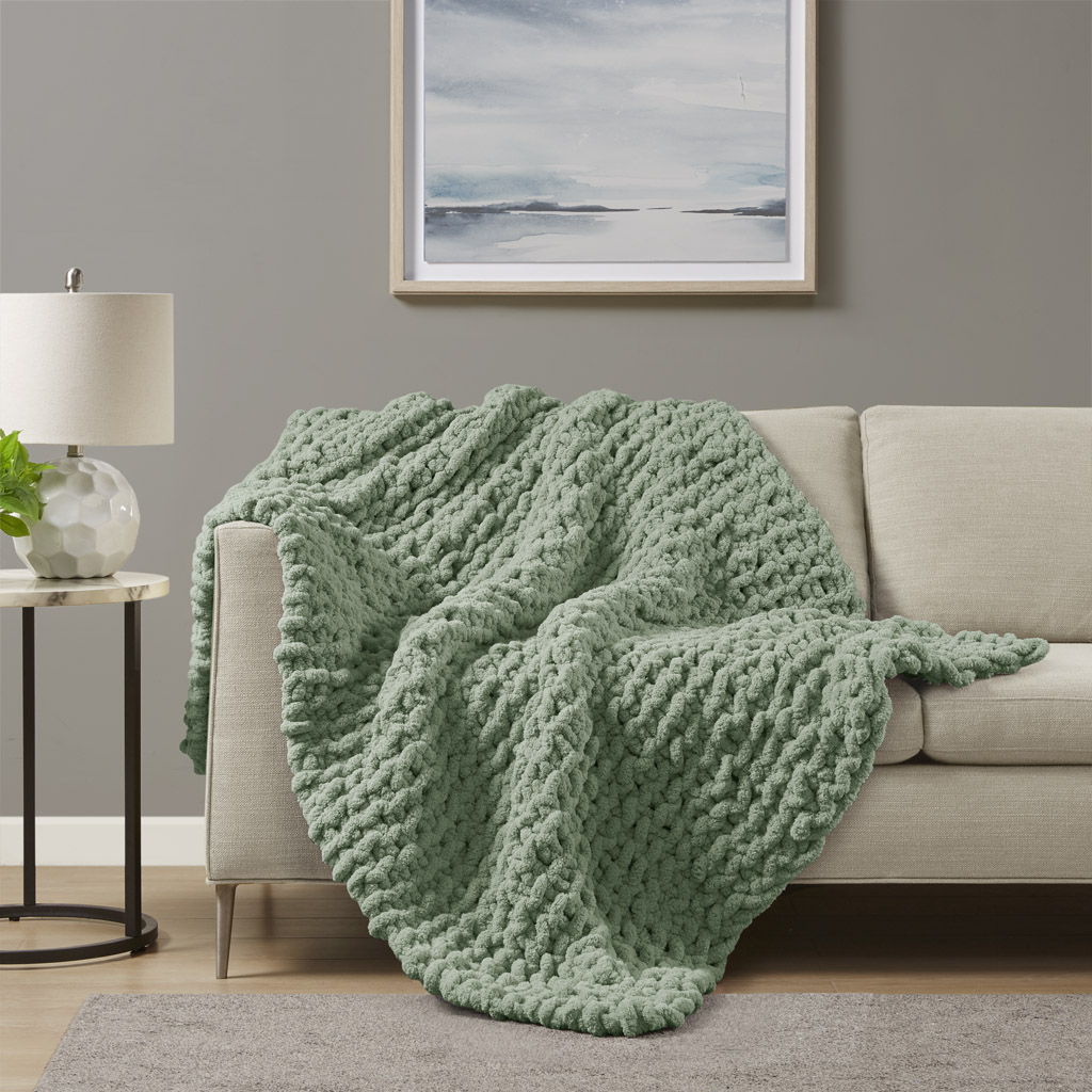 Chenille Chunky Knit - Throw - Sage Green