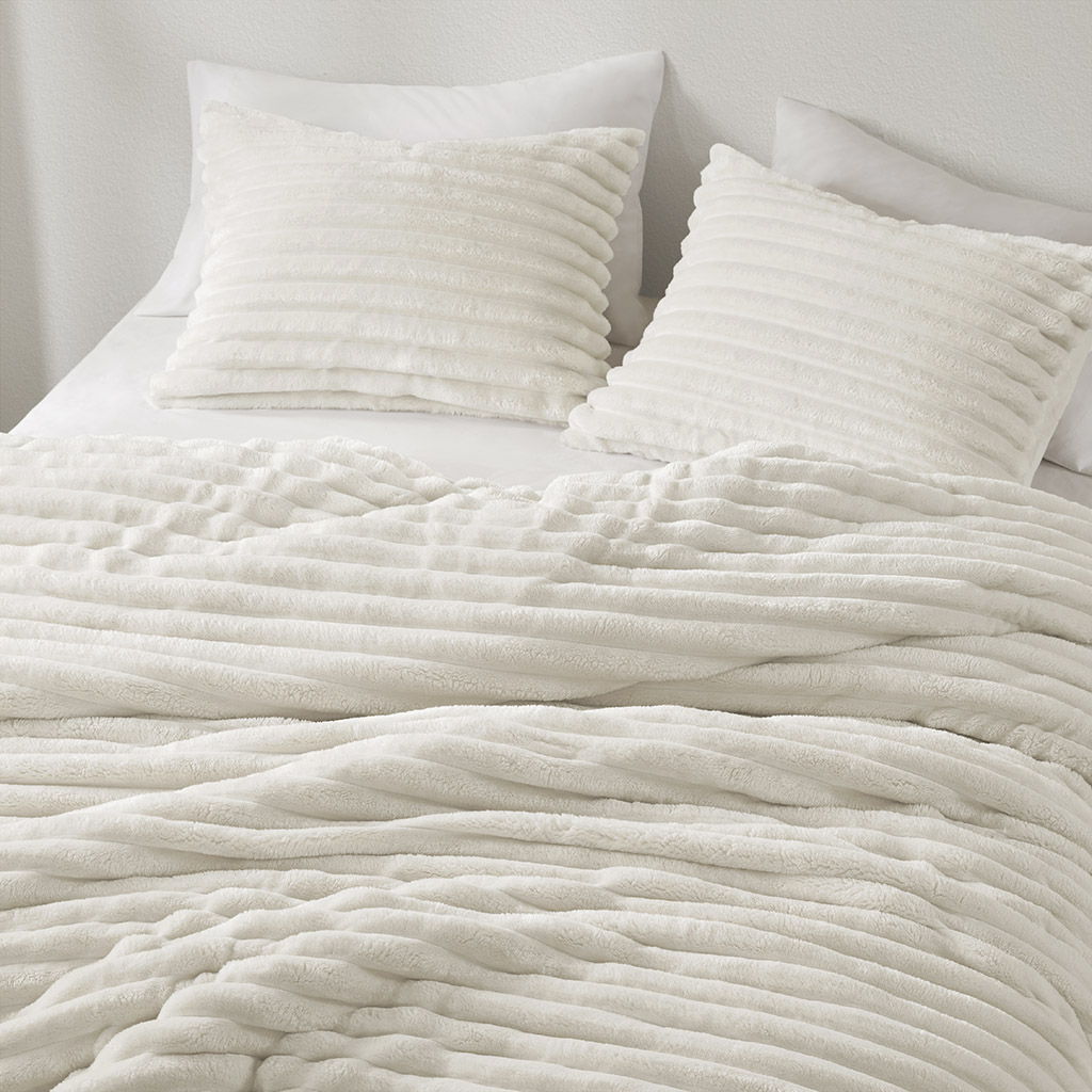 Avril - King/California King Fluffy Ribbed Plush Comforter Set - Ivory
