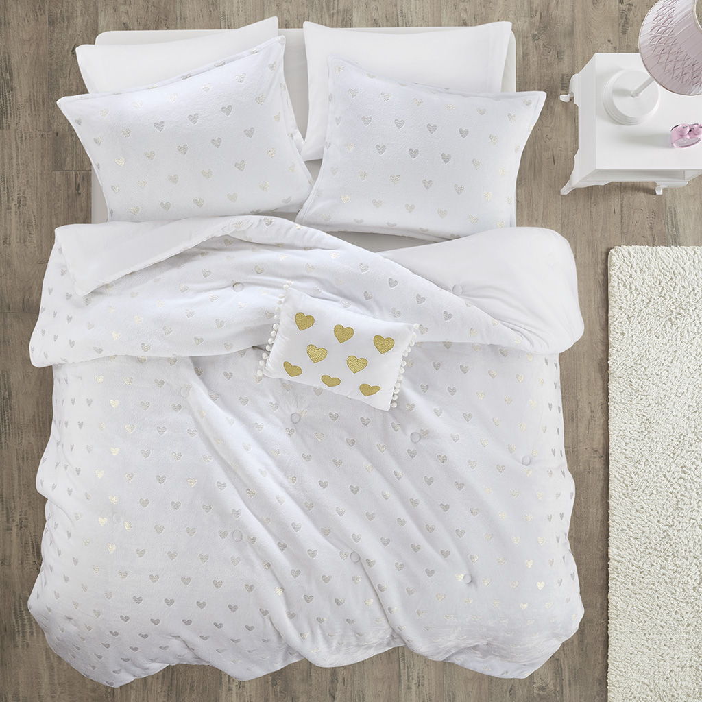 Rosalie - 4 Piece Full/Queen Metallic Printed Plush Comforter Set With Throw Pillow - White/Gold