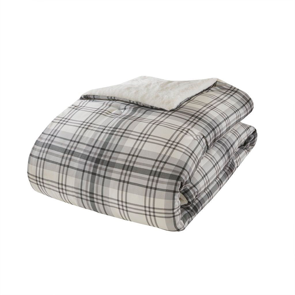 Bernston - Faux Wool to Faux Fur Down Alternative Comforter Set - Gray Plaid