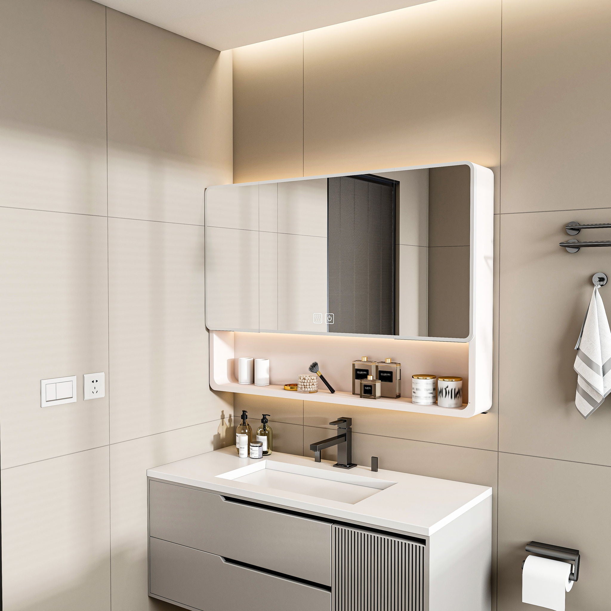 Aluminium Medicine Cabinet Mirror, With 3 Colors LED Light And Defogging Function - Khaki