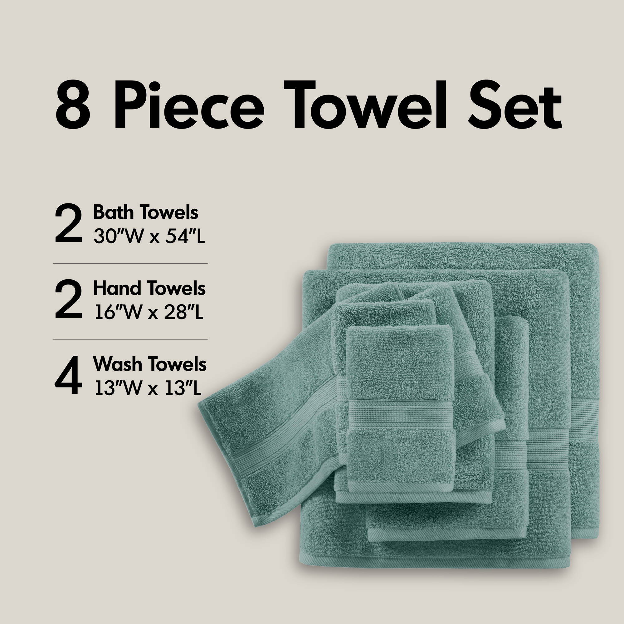 800GSM - 8 Piece Antimicrobial Towel Set - Dusty Green