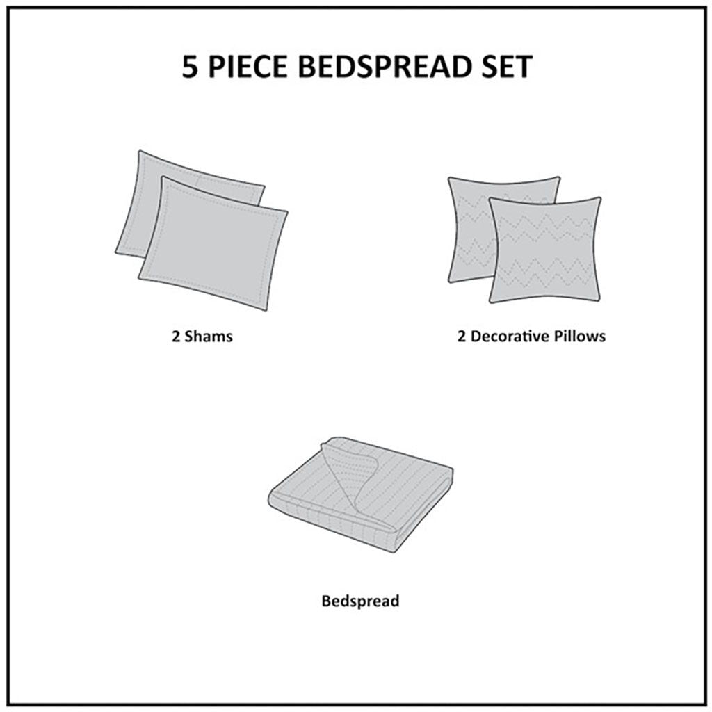 Princeton - 5 Piece Reversible Jacquard Bedspread Set - Blue
