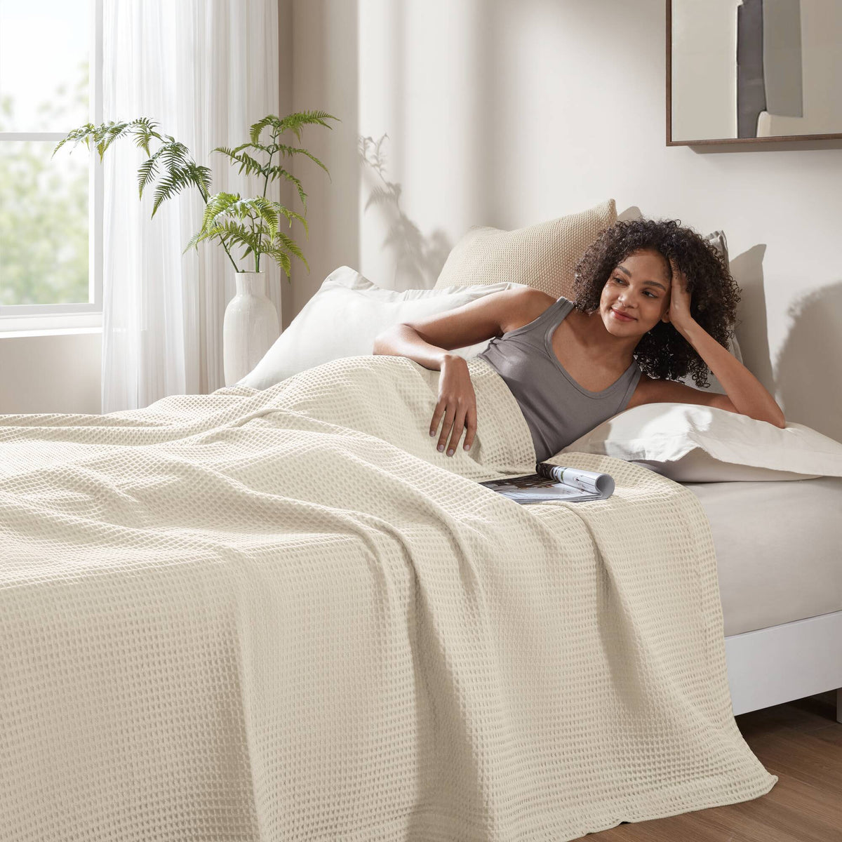 Waffle Weave - Twin Cotton Blanket - Ivory
