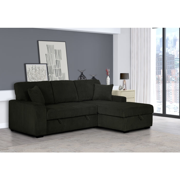 BLACK Corduroy Fabric Right Arm Facing Chaise Pull Out Sectional Sofa & Storage SKU 8063