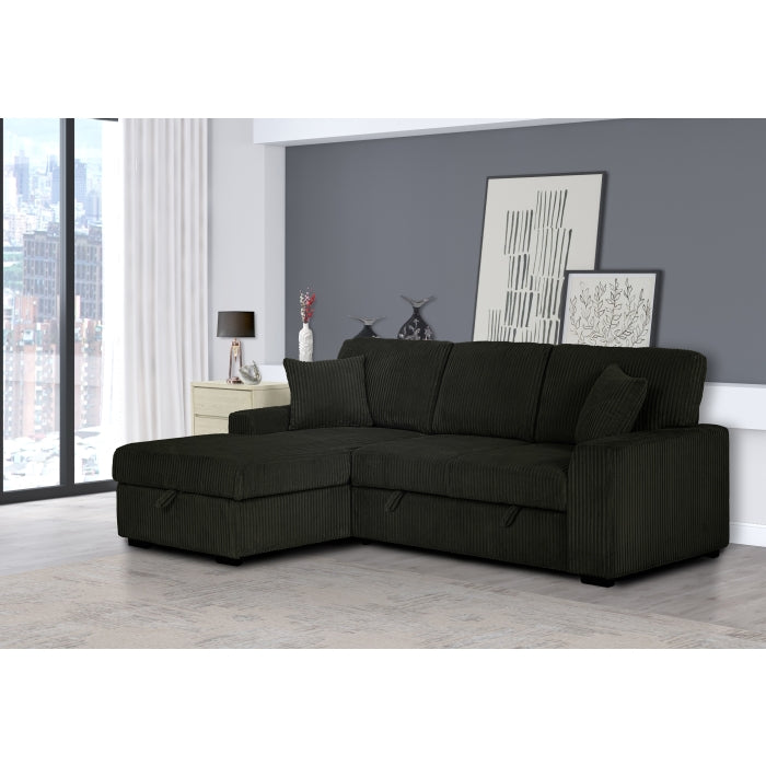 BLACK Corduroy Fabric Left Arm Facing Chaise Pull Out Sectional Sofa & Storage SKU 8065