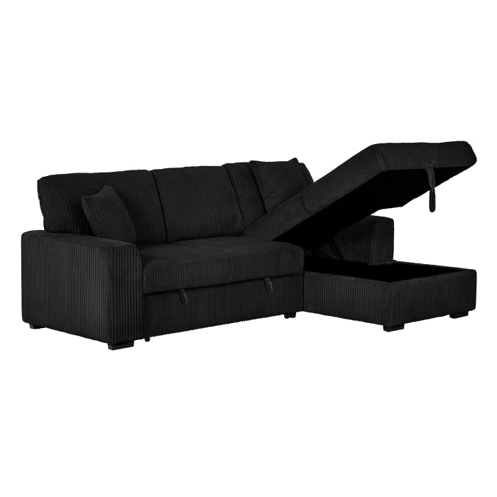 BLACK Corduroy Fabric Right Arm Facing Chaise Pull Out Sectional Sofa & Storage SKU 8063