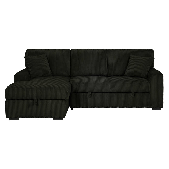 BLACK Corduroy Fabric Left Arm Facing Chaise Pull Out Sectional Sofa & Storage SKU 8065