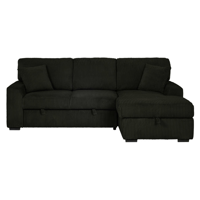 BLACK Corduroy Fabric Right Arm Facing Chaise Pull Out Sectional Sofa & Storage SKU 8063
