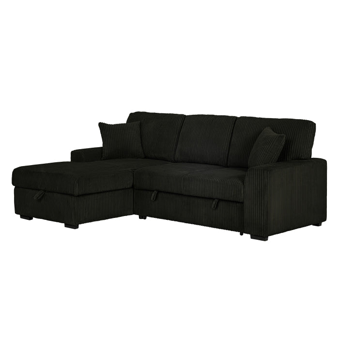BLACK Corduroy Fabric Left Arm Facing Chaise Pull Out Sectional Sofa & Storage SKU 8065