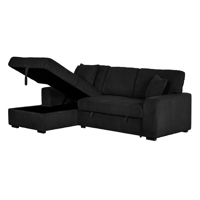 BLACK Corduroy Fabric Left Arm Facing Chaise Pull Out Sectional Sofa & Storage SKU 8065