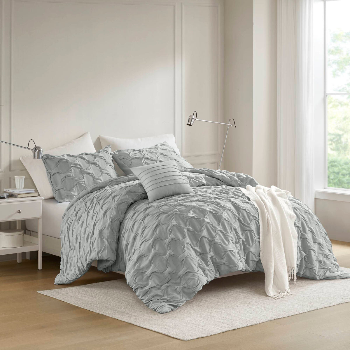 Bailey - Twin/Twin Long Diamond Pucker Comforter Set - Gray