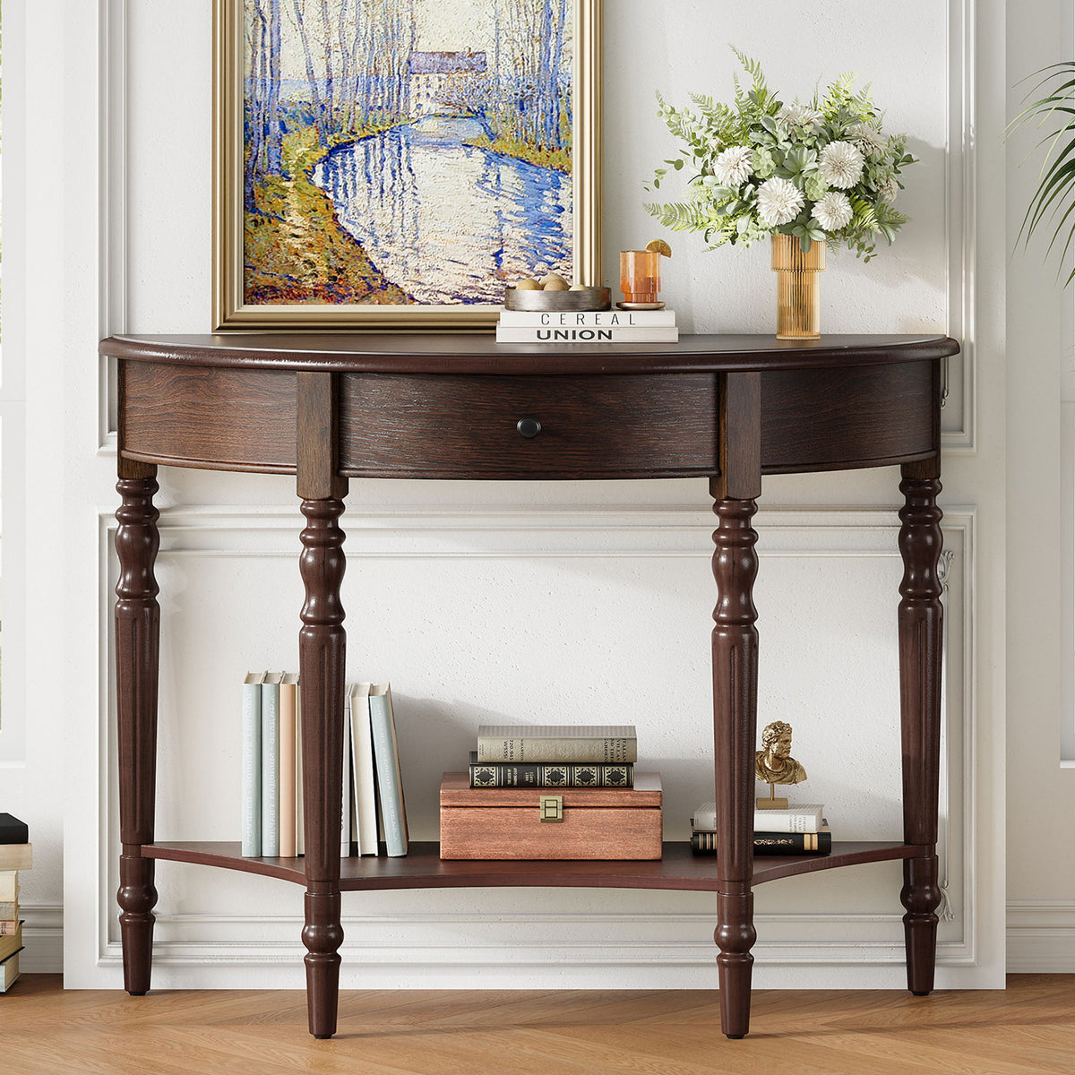 Half Moon Console Table With Drawer & Shelf