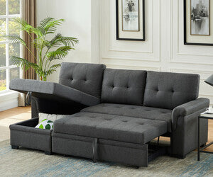 Linen Reversible Sleeper Sectional Sofa with Storage Chaise