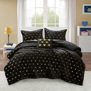 Rosalie - 4 Piece Full/Queen Metallic Printed Plush Comforter Set With Throw Pillow - Black/Gold