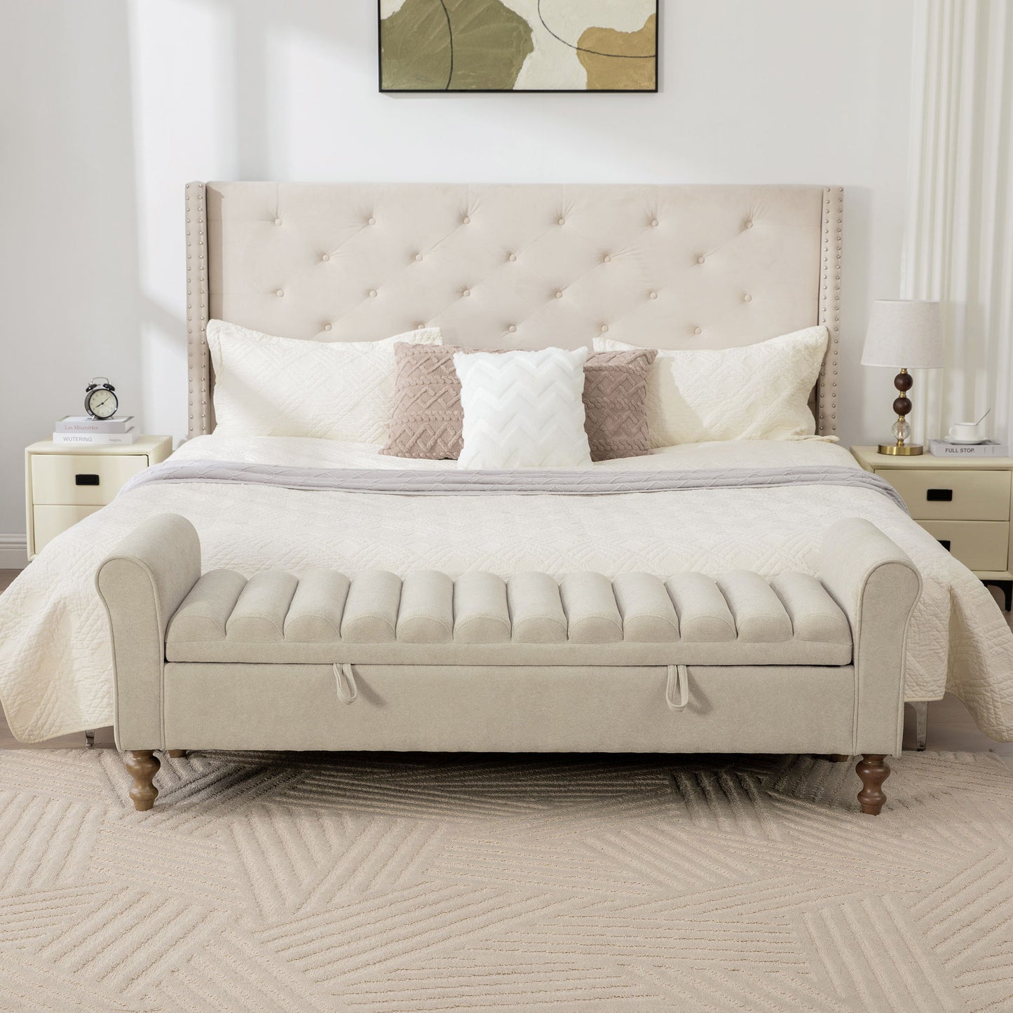 Wide Upholstered Storage Bench With Rolled Armrest For Bedroom - Griege