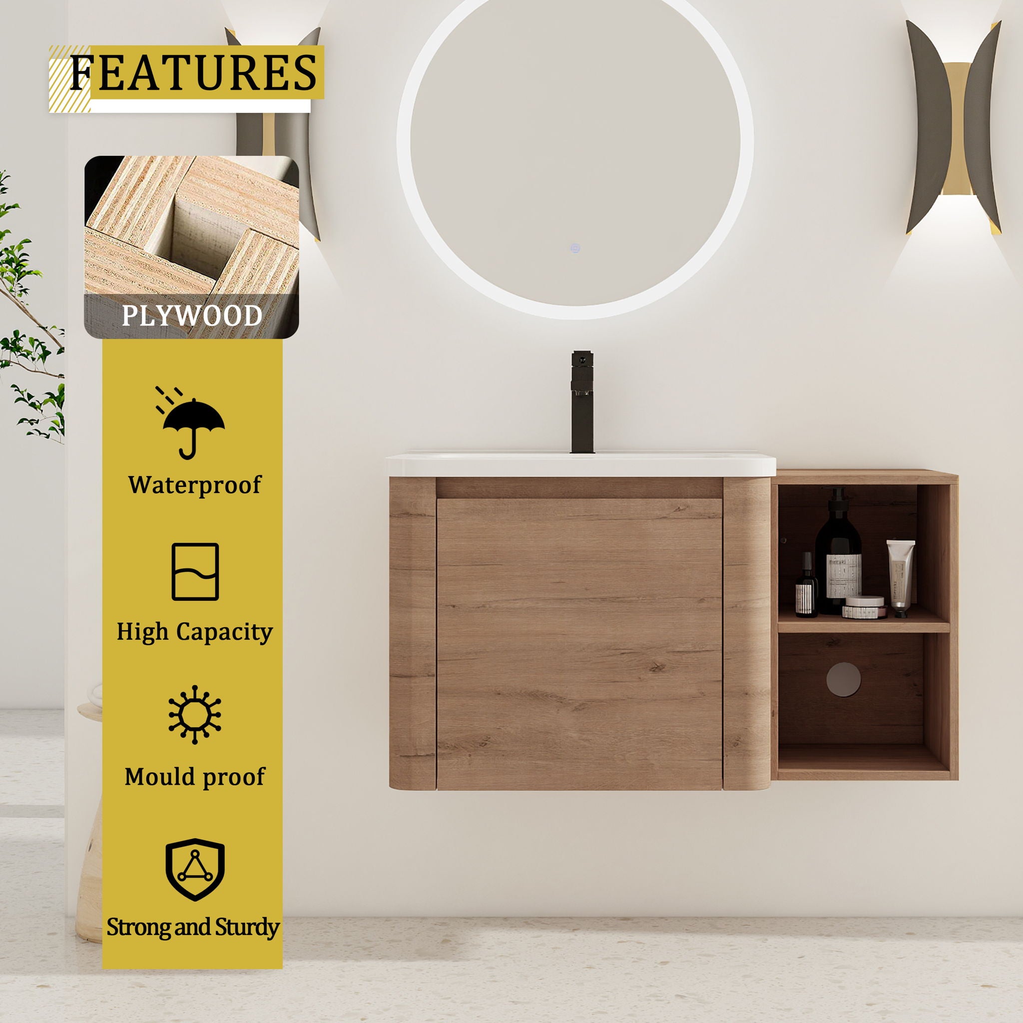 Wall Mounted Bathroom Vanity & Sink, Storage Shelves & Soft Close Door