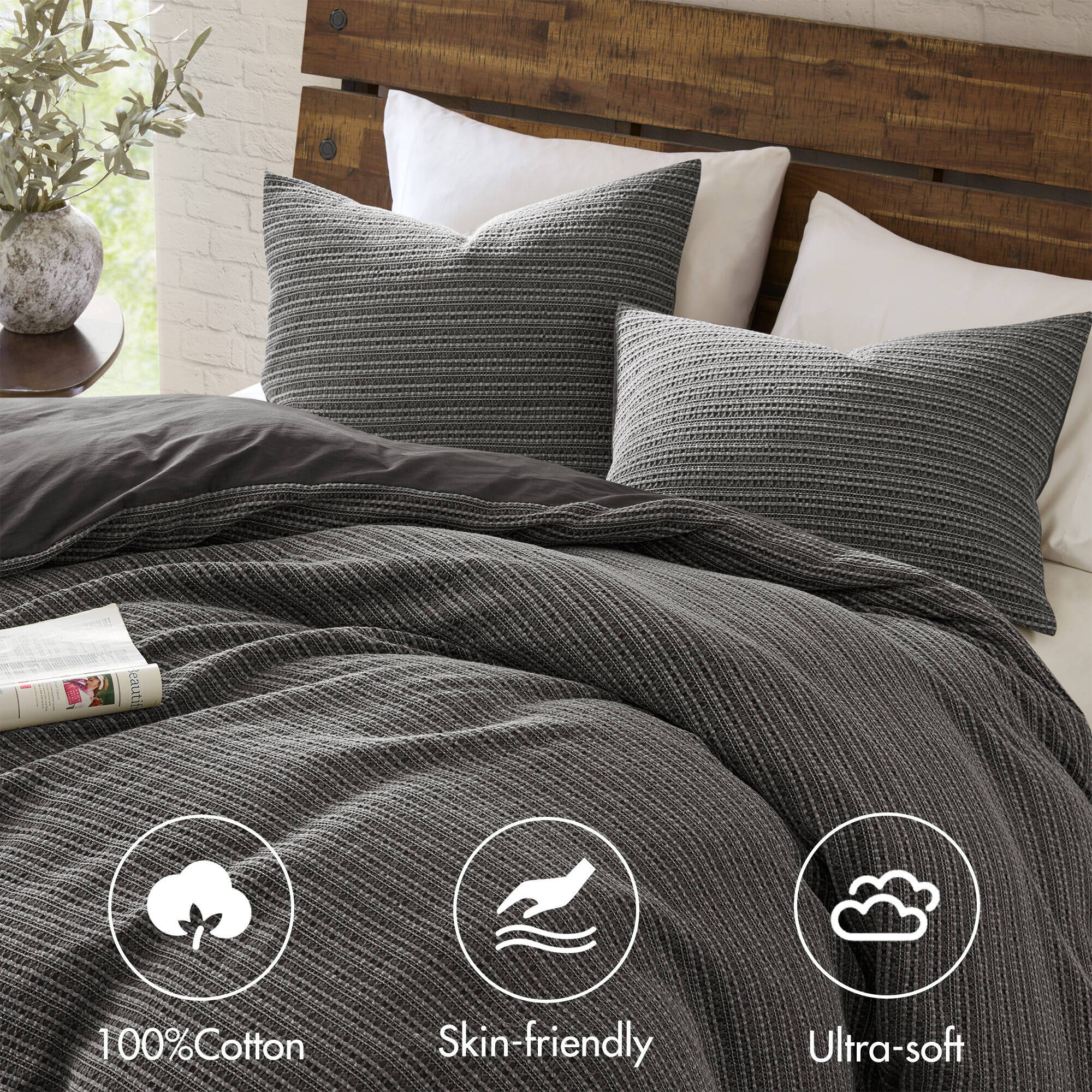 Lyon - 3 Piece Full/Queen Waffle Washed Duvet Set - Charcoal
