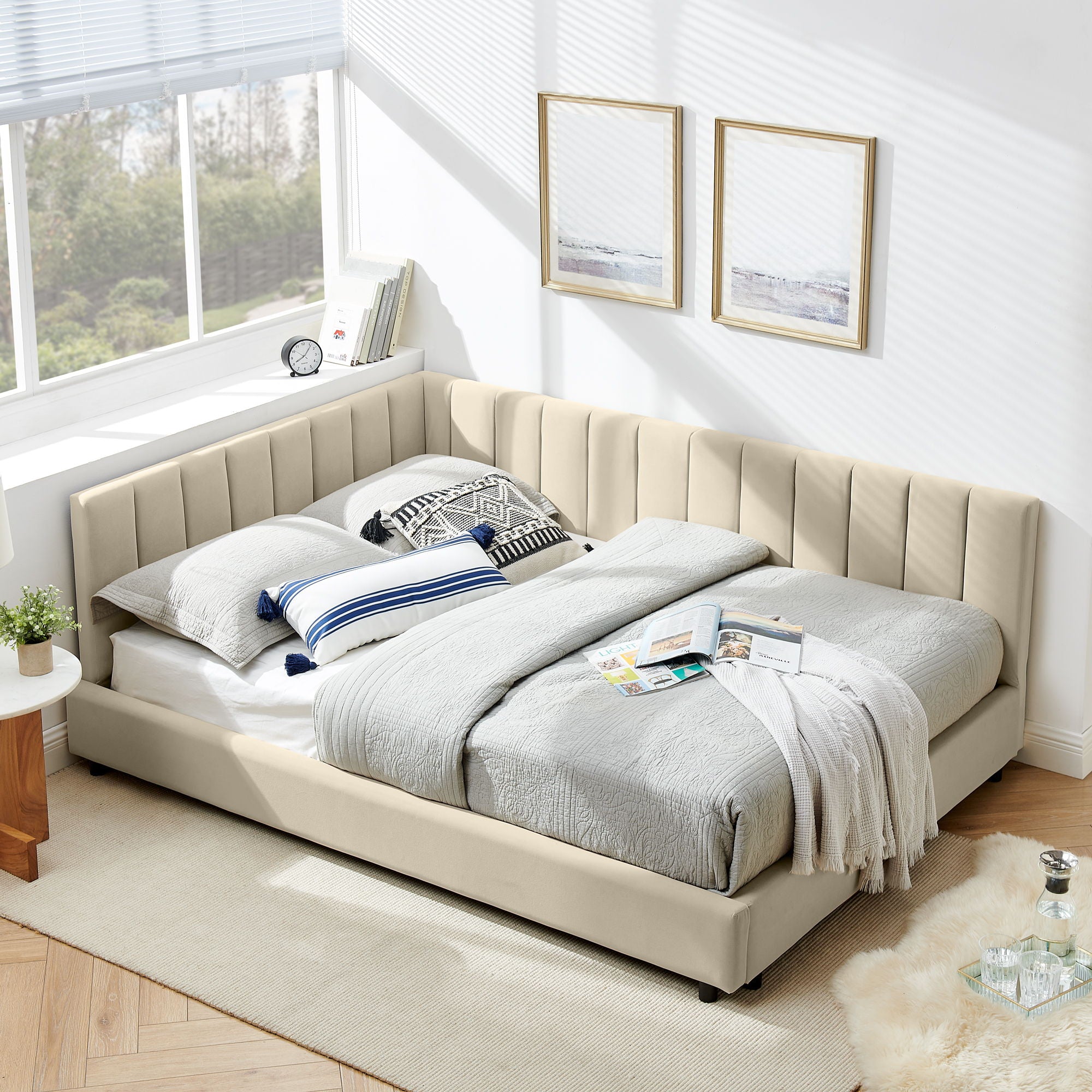 Mid-Century Upholstered Tufted Bed Frame With Backrest And Armrests