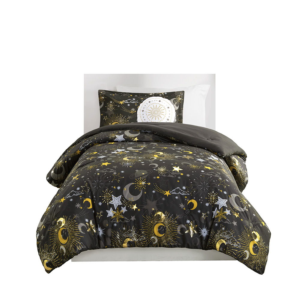 Celia - Starry Sky Metallic Twin Comforter Set With Throw Pillow - Charcoal / Gold
