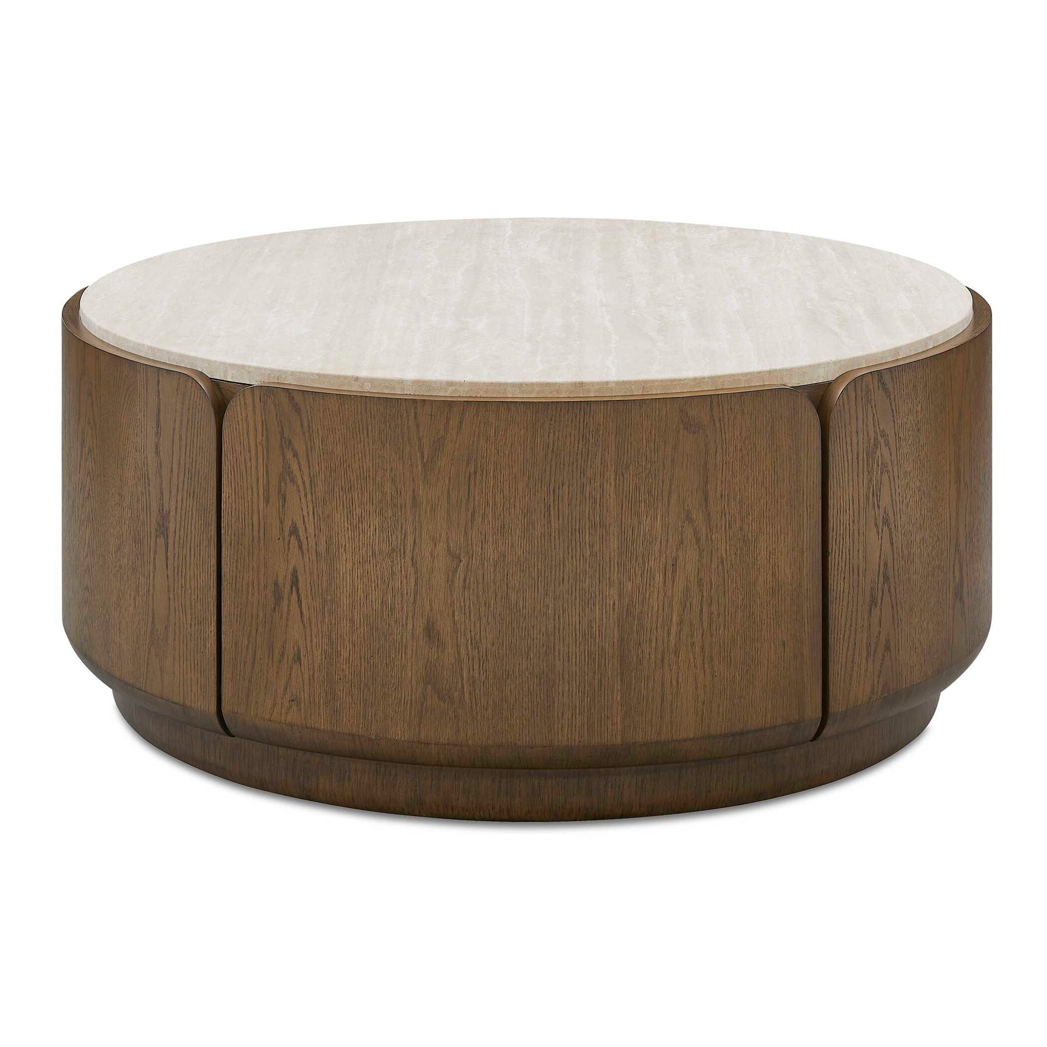 Tindall - Round Travertine Coffee Table - Brown / White / Woodtone