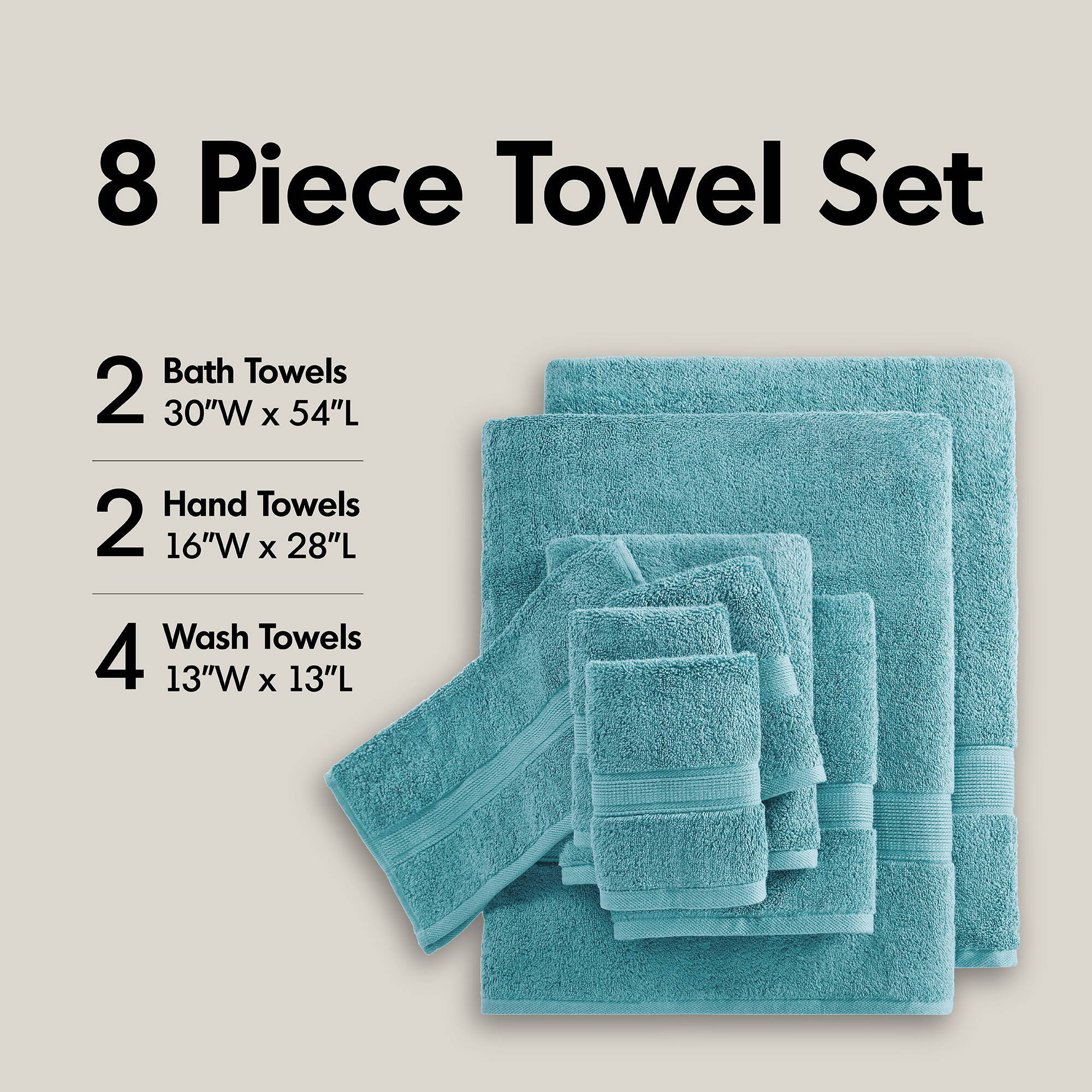 800GSM - 8 Piece Antimicrobial Towel Set - Aqua