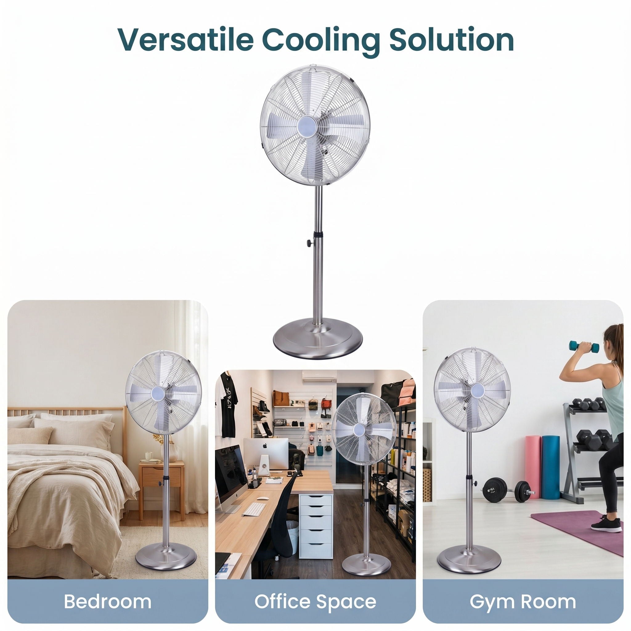 Stand Fan, 4 Blades, Rotary Knob Switch, Oscillation Function, Tilting Angle - Chrome