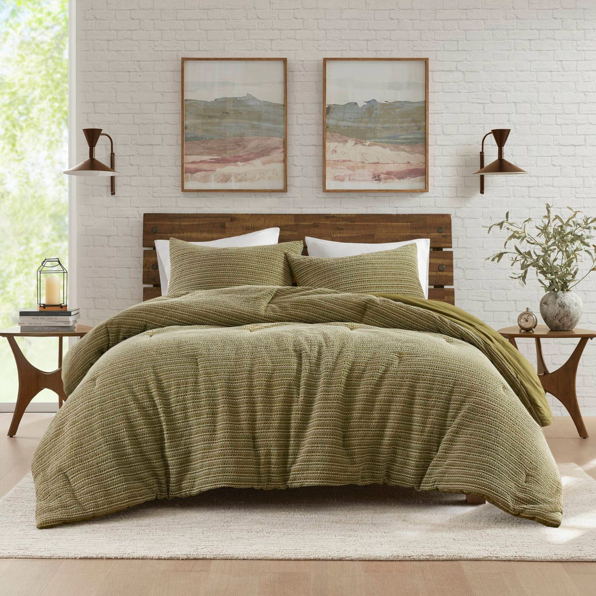 Lyon - 3 Piece Full/Queen Waffle Washed Comforter Set - Green