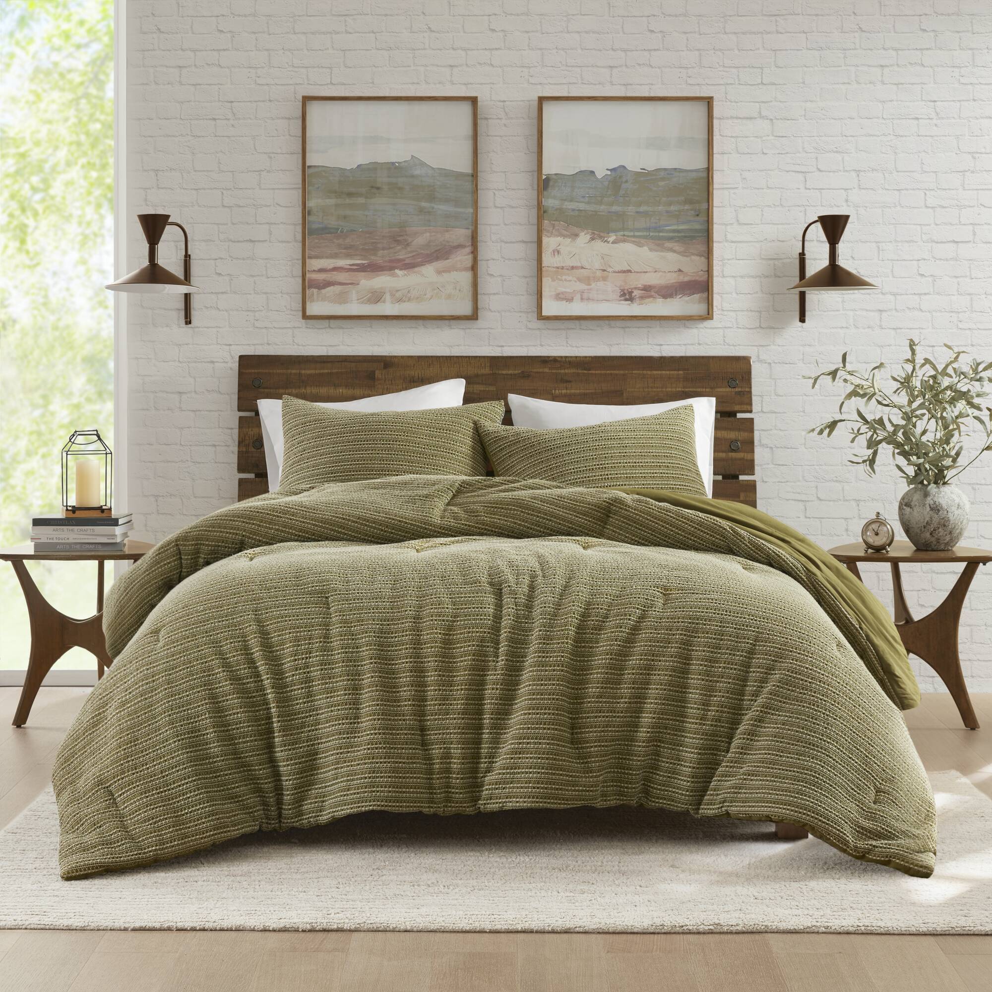 Lyon - 3 Piece King/California King Waffle Washed Comforter Set - Green