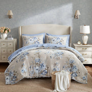 Heather - California King 7 Piece Vintage-Inspired Floral Print - Beige / Blue