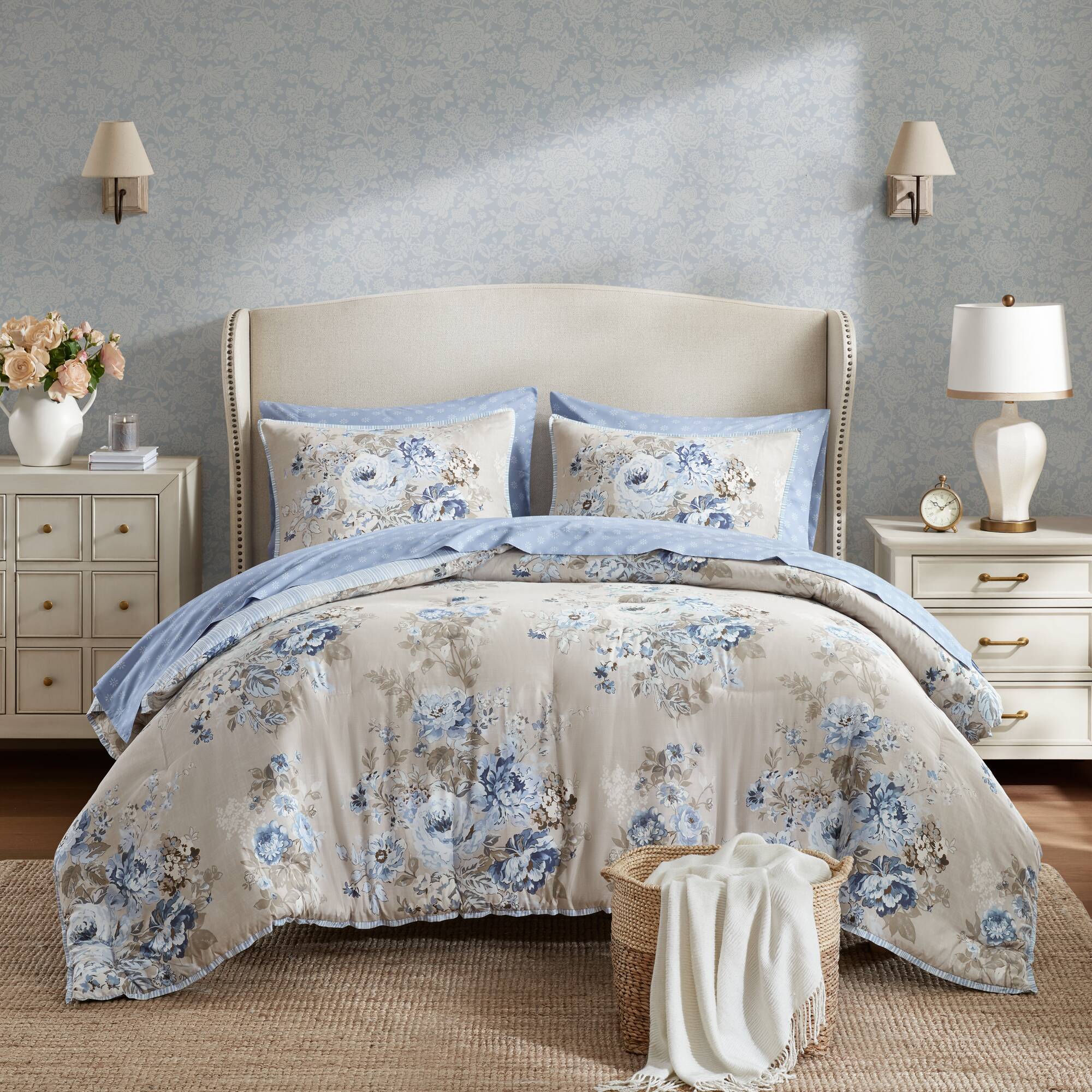 Heather - King 7 Piece Vintage-Inspired Floral Print - Beige / Blue