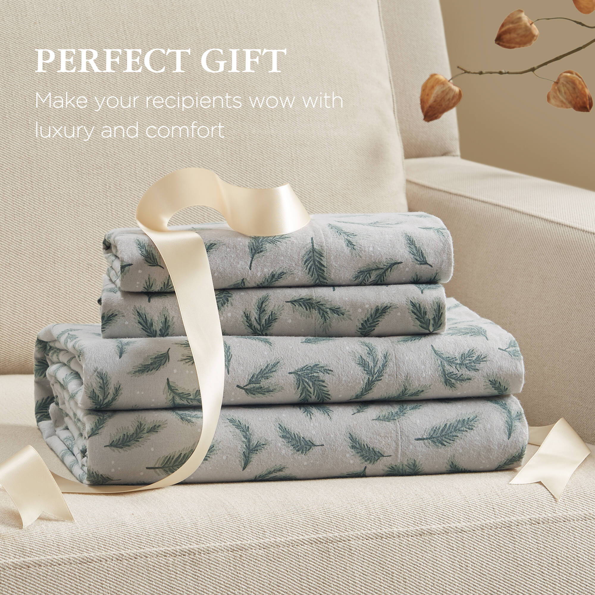 Flannel - Full 100% Flannel Printed Sheet Set - Pine Branches