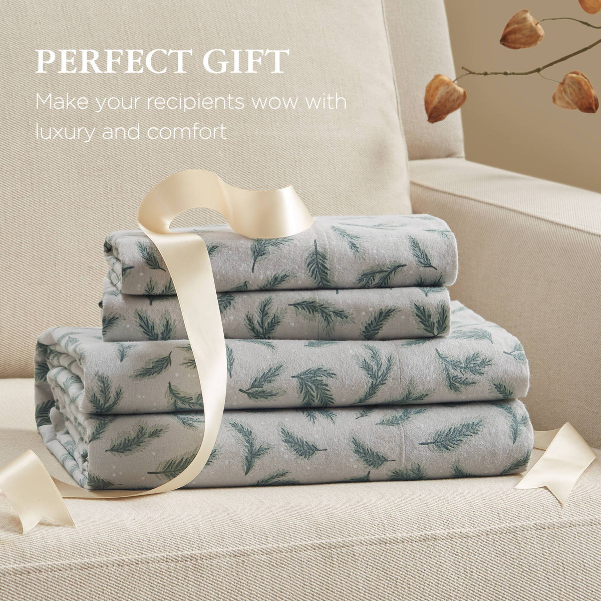 Flannel - King 100% Flannel Printed Sheet Set - Pine Branches