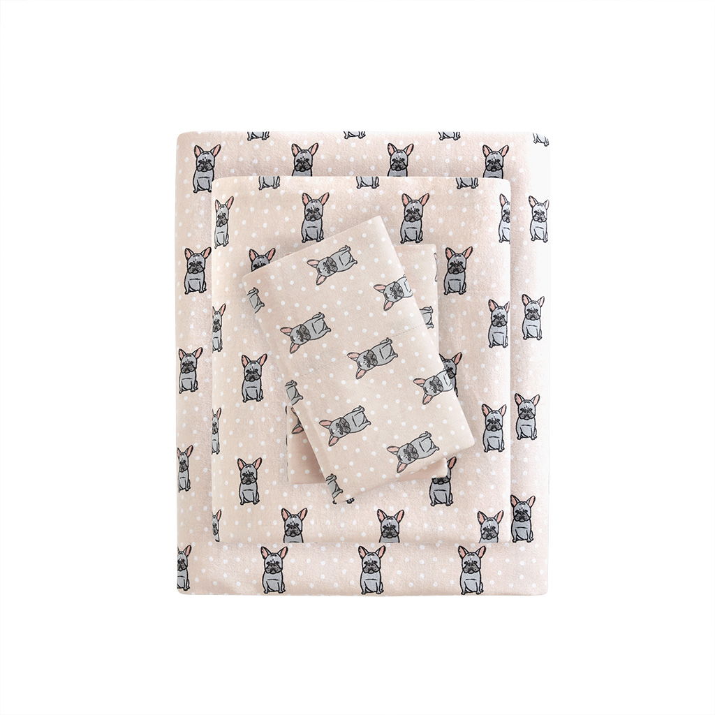 Cozy Flannel - Twin Long Printed Sheet Set - Pink French Bulldog