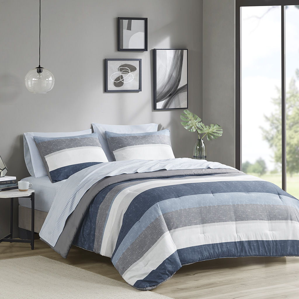 Jaxon - Stripe Comforter Set With Bed Sheets - Blue / Gray