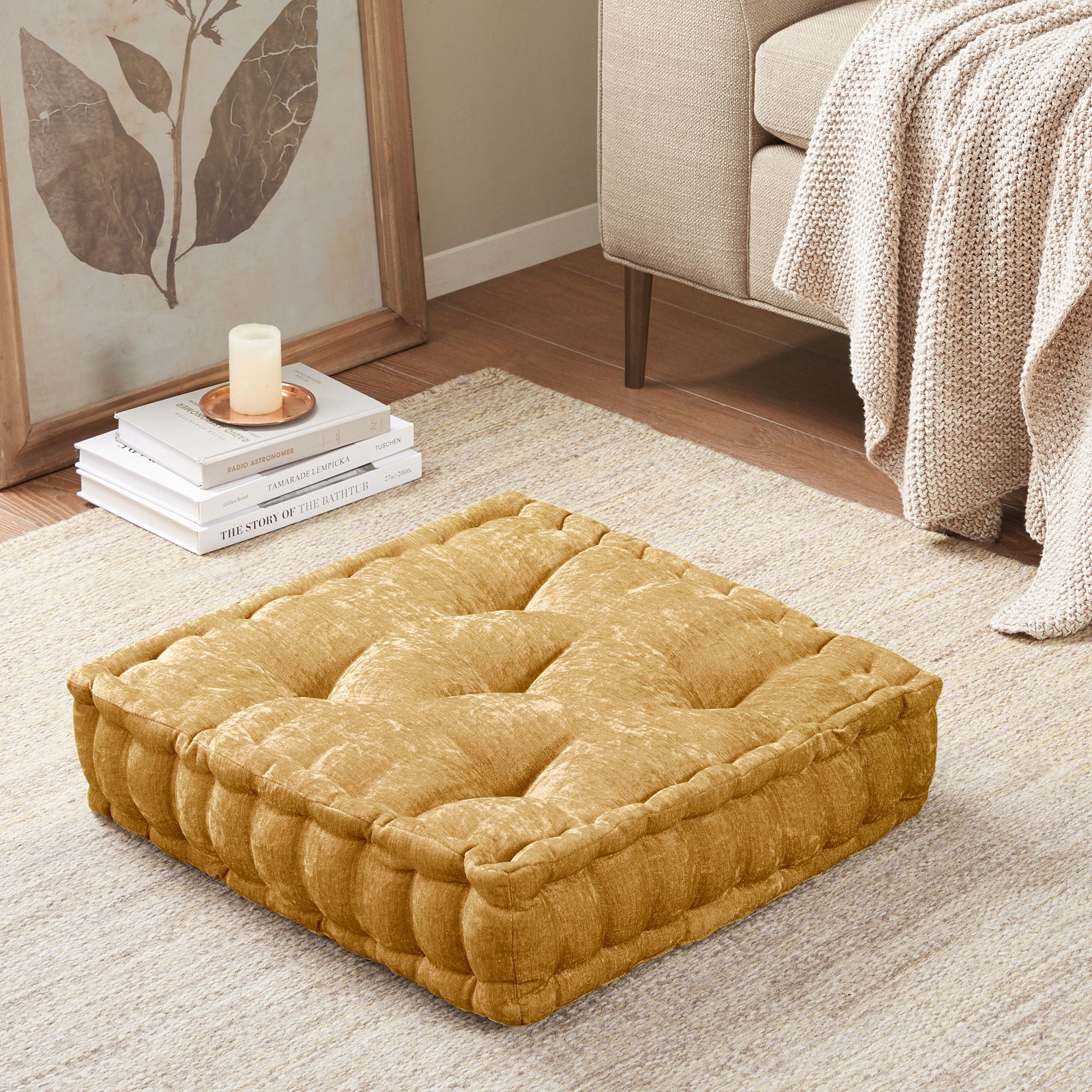 Azza - Poly Chenille Square Floor Pillow Cushion Compress Pack - Yellow