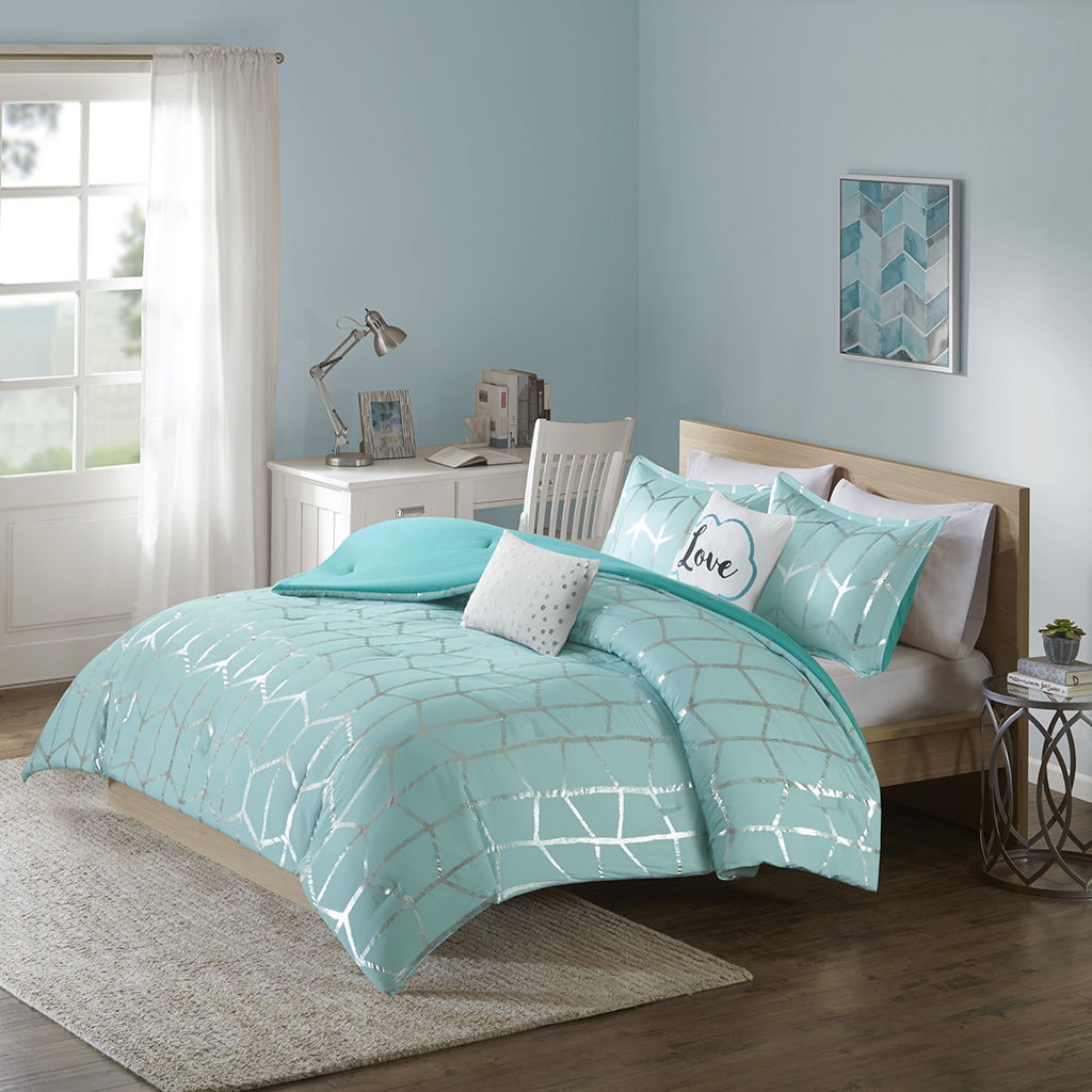 Raina - King Metallic Printed Comforter Set - Aqua / Silver