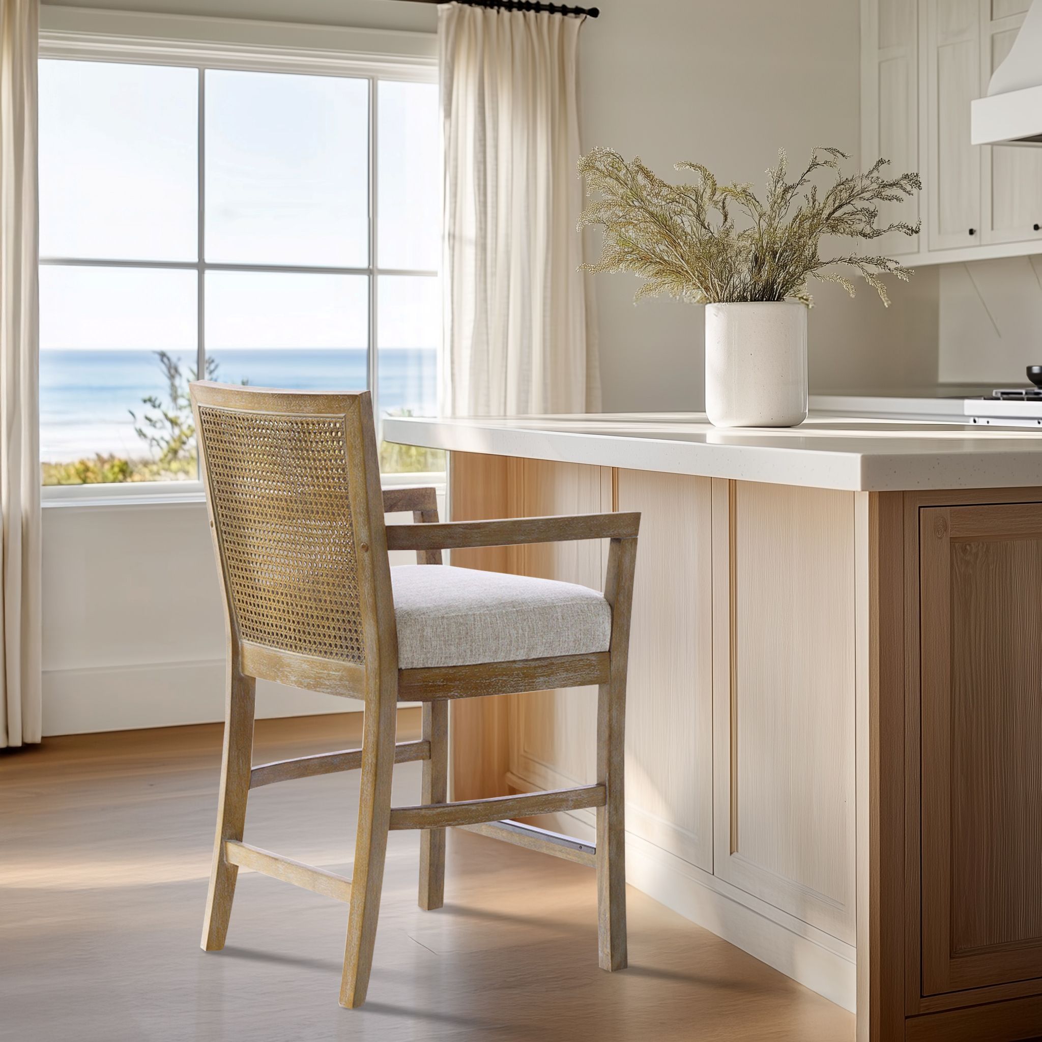 Diedra - Cane Back Counter Stool - Cream / Reclaimed Natural