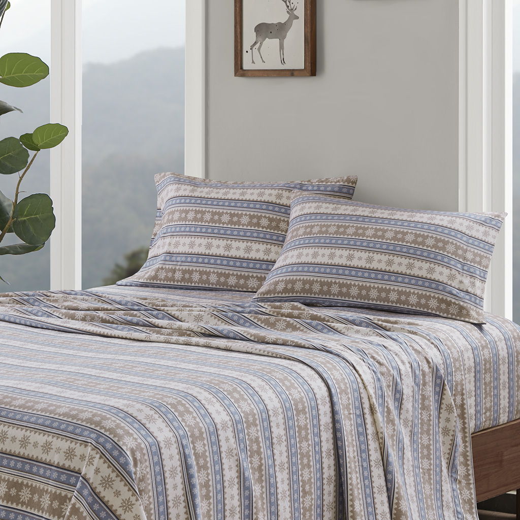 Flannel - Queen Sheet Set Cotton - Blue Snowflake