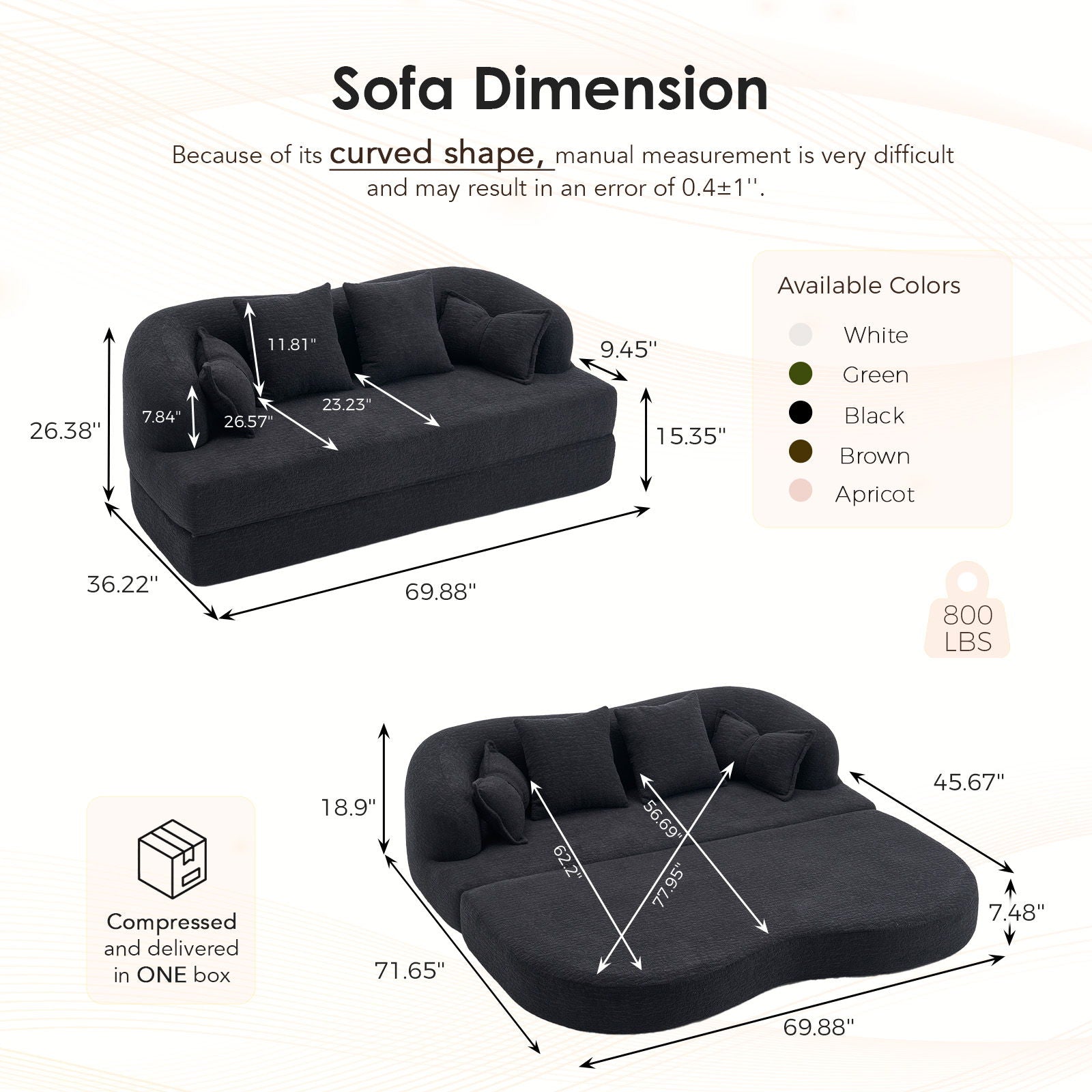 Foldable Sofa Bed, Boneless Couch Convertible Sleeper With 4 Pillows