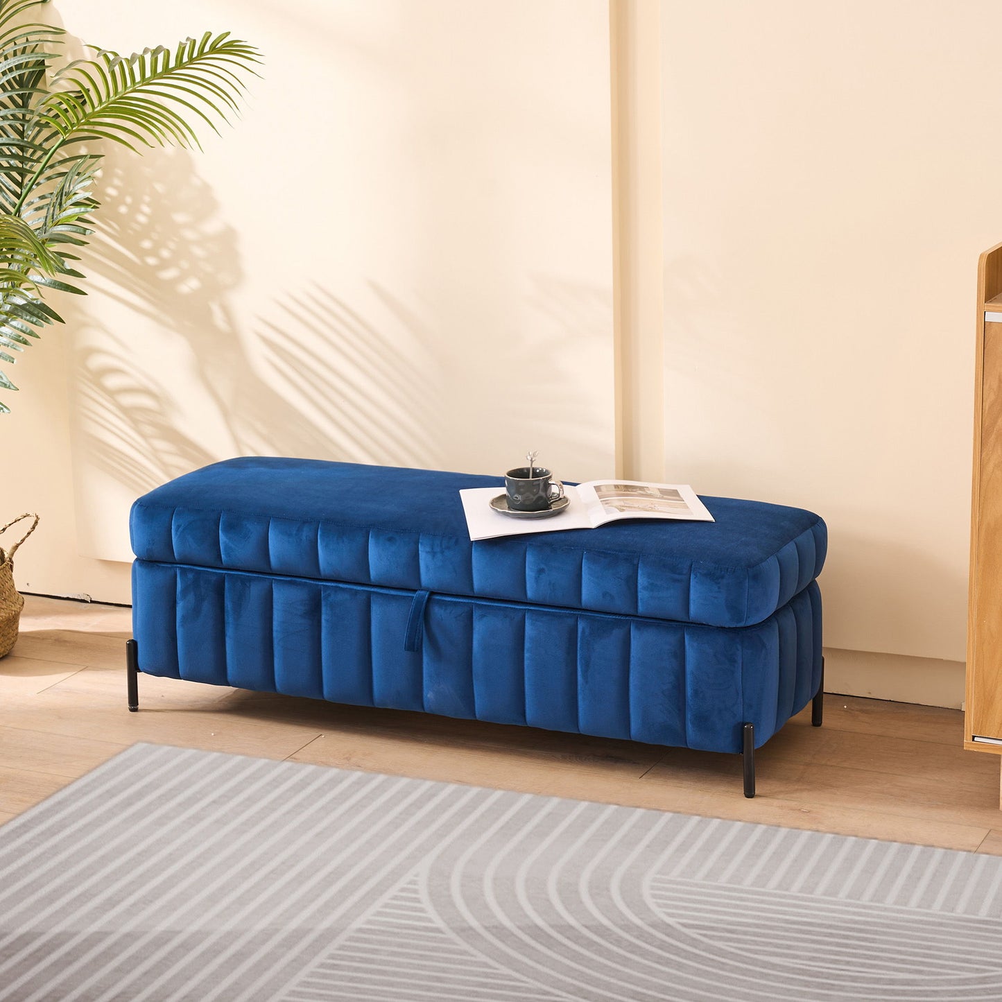 Wide Upholstered Storage Soft Bench Ottoman With Metal Legs