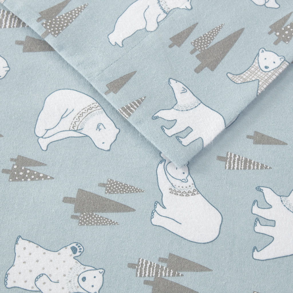 Cozy Flannel - Twin Printed Sheet Set - Blue Polar Bears