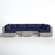 6 Person Patio Set With Premium Cushions And Rattan Wicker Frame - Dark Blue / Gray Mix