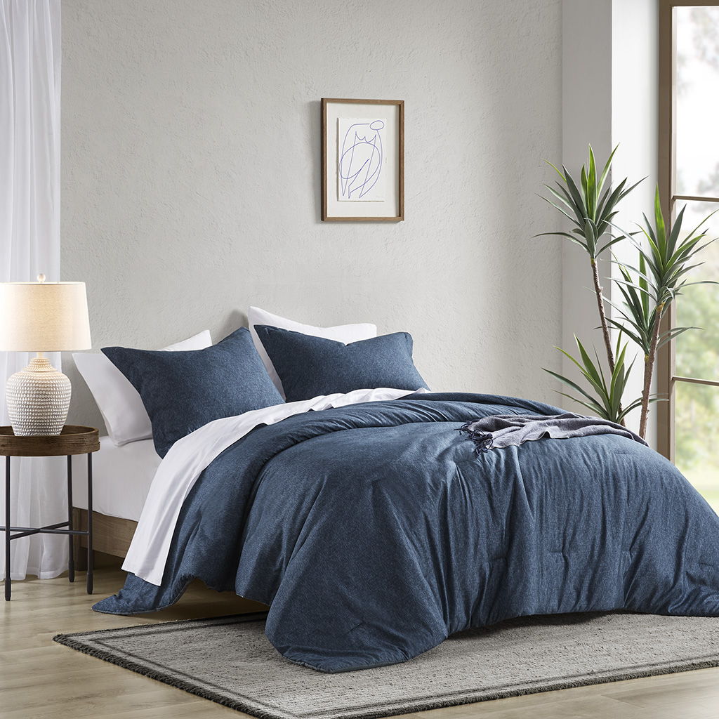 Camden - Twin/Twin Long Chambray Print Solid Comforter Set - Navy