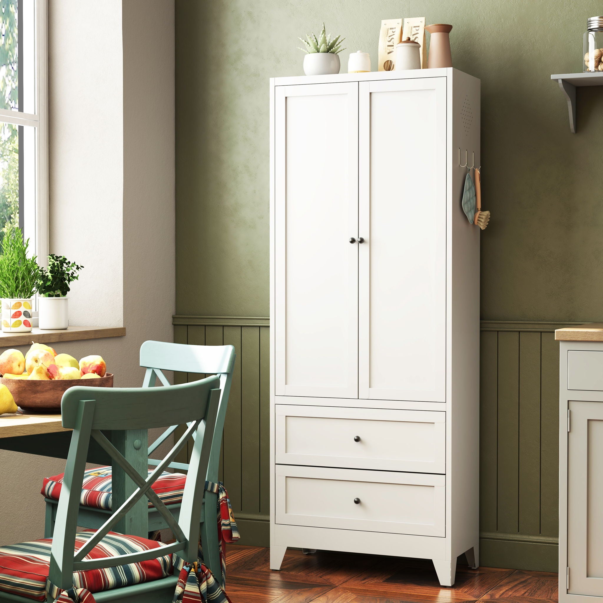 Pantry Cabinet With 2 Drawers, Adjustable Shelves, Freestanding Kitchen Storage Organizer - White