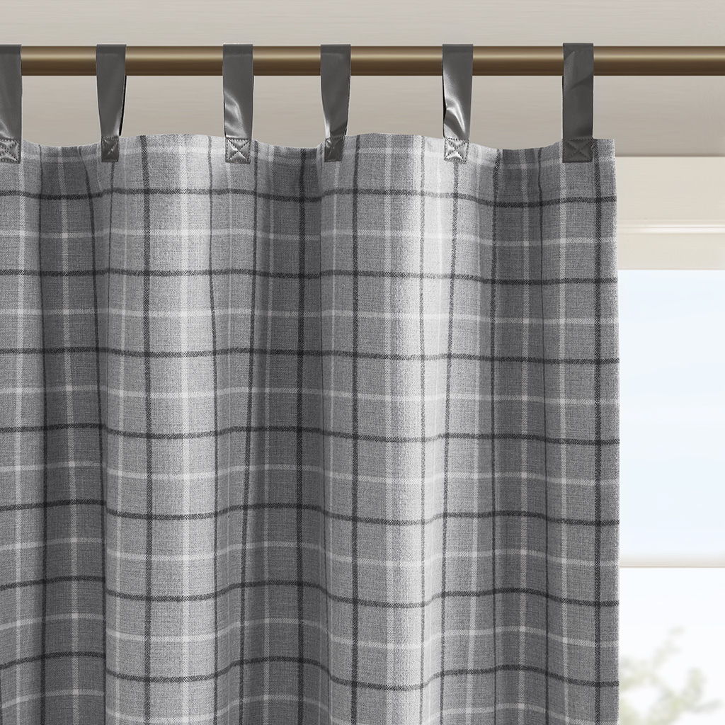 Anaheim - Plaid Faux Leather Tab Top Curtain Panel With Fleece Lining - Gray