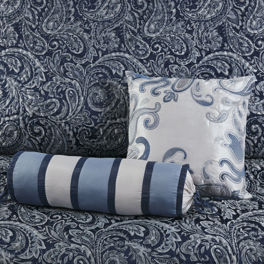 Aubrey - 5 Piece Jacquard Bedspread Set With Throw Pillows - Navy