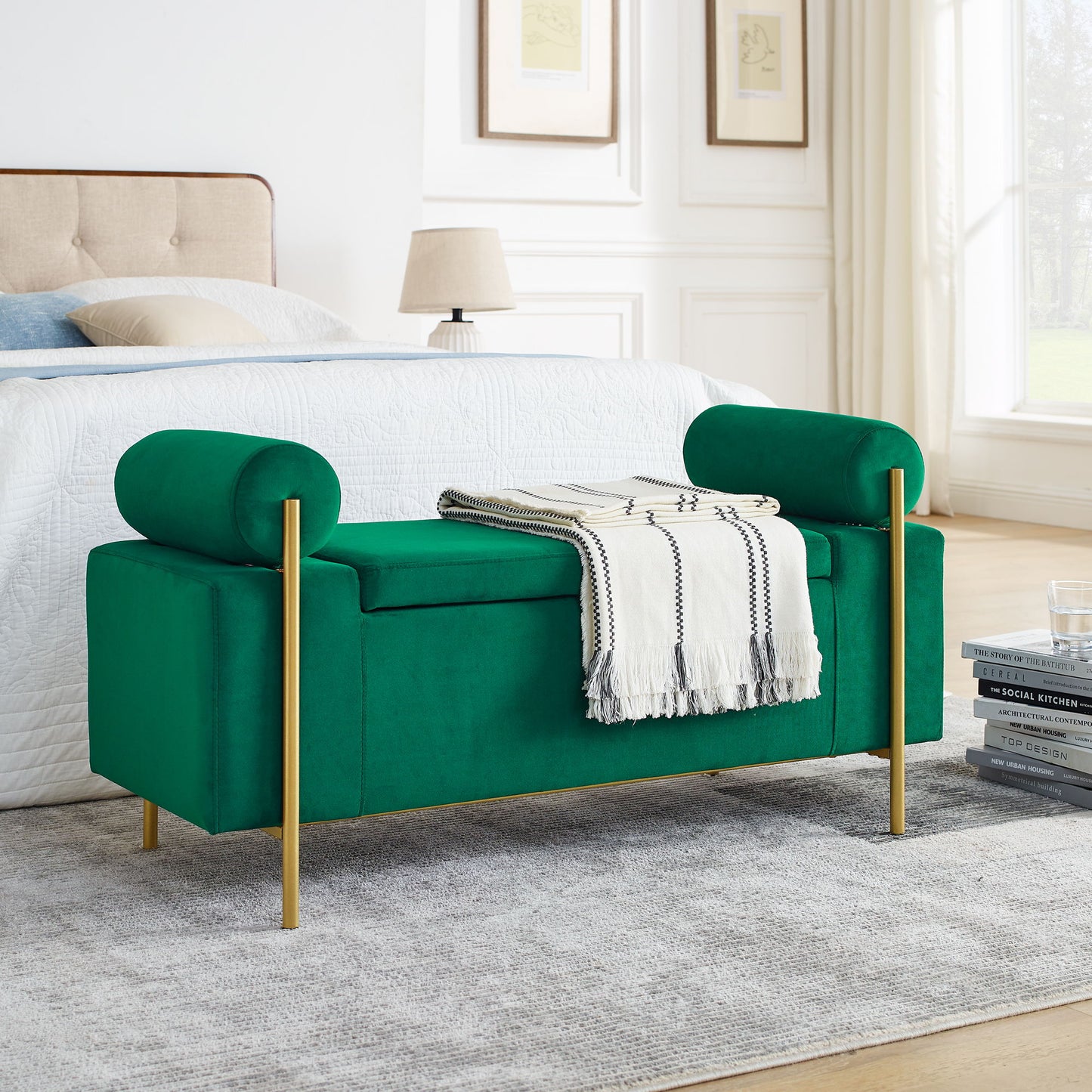 Elegant Upholstered Storage Bench With Cylindrical Arms And Iron Legs,