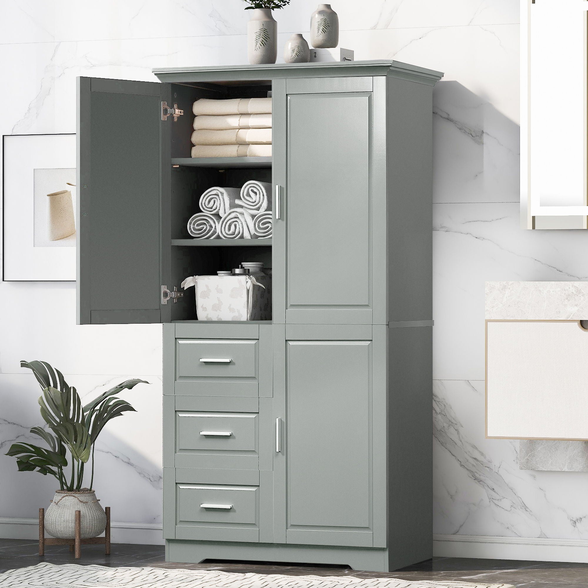 Tall And Wide Storage Cabinet With Doors, 3 Drawers