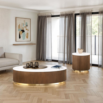 3 Piece Table Set Oval Cocktail Table, 2 Round End Tables - Brown / Gold / White